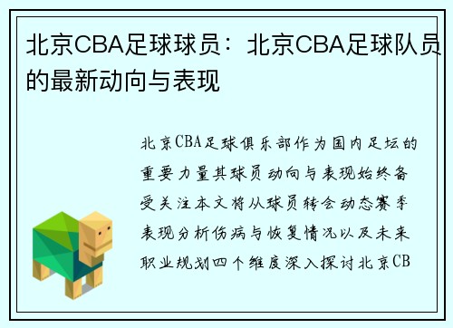 北京CBA足球球员：北京CBA足球队员的最新动向与表现