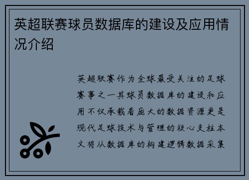英超联赛球员数据库的建设及应用情况介绍